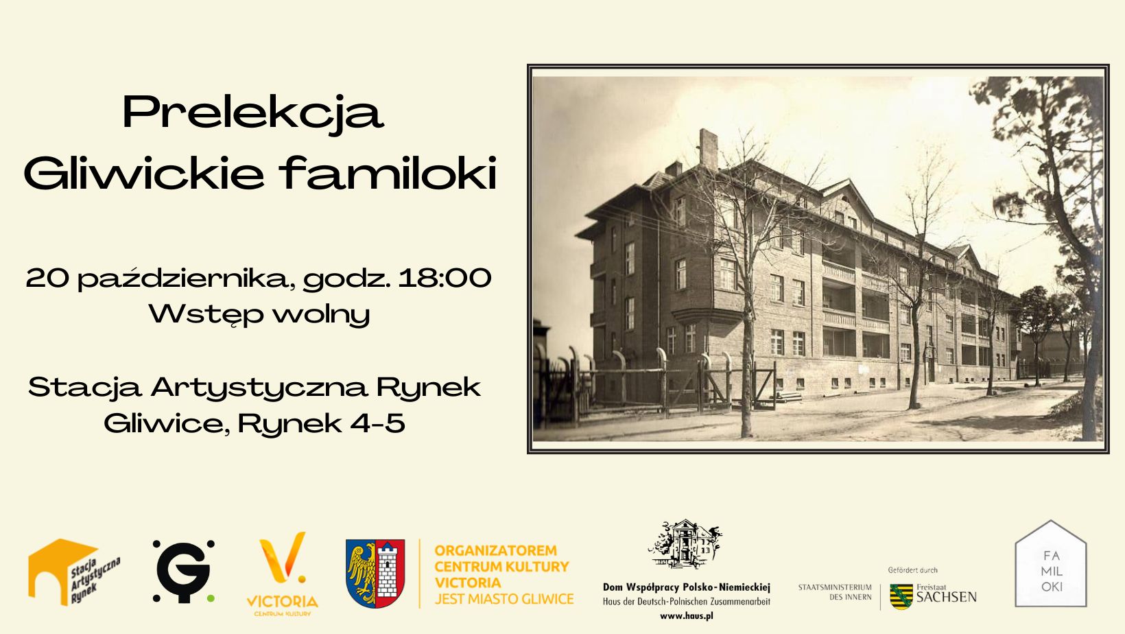 banner z informacjami o spotkaniu i fotografią familoka
