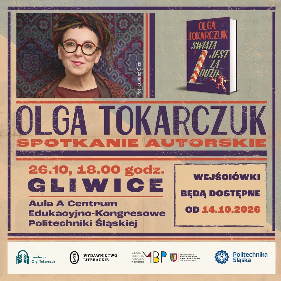 Baner z informacjami i zdjęciem Olgi Tokarczuk