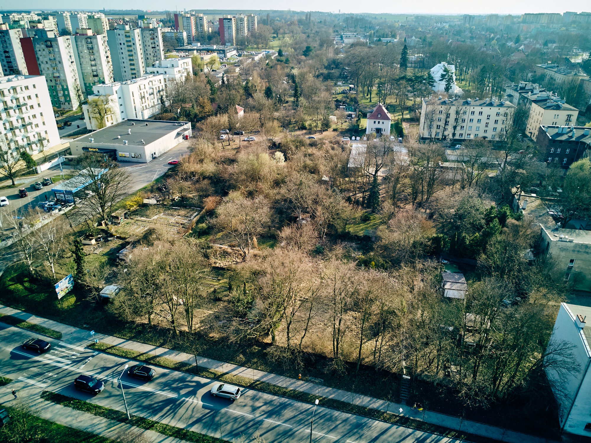 widok z góry na kompleks ogródków działkowych między ul. Kochanowskiego i ul. Bajana