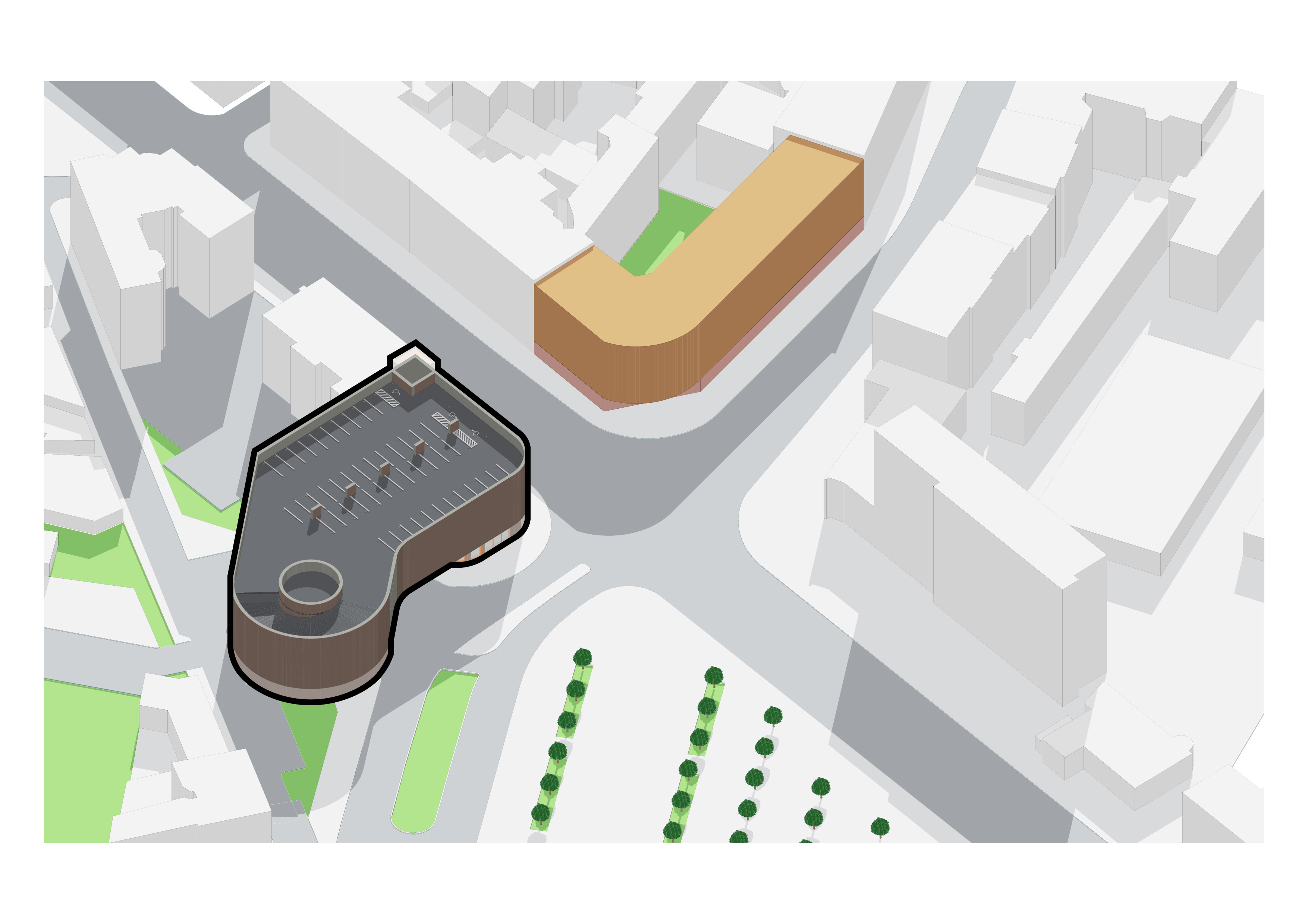 Ilustracja pokazująca parking i narożnik przy ul. Bohaterów Getta Warszawskiego