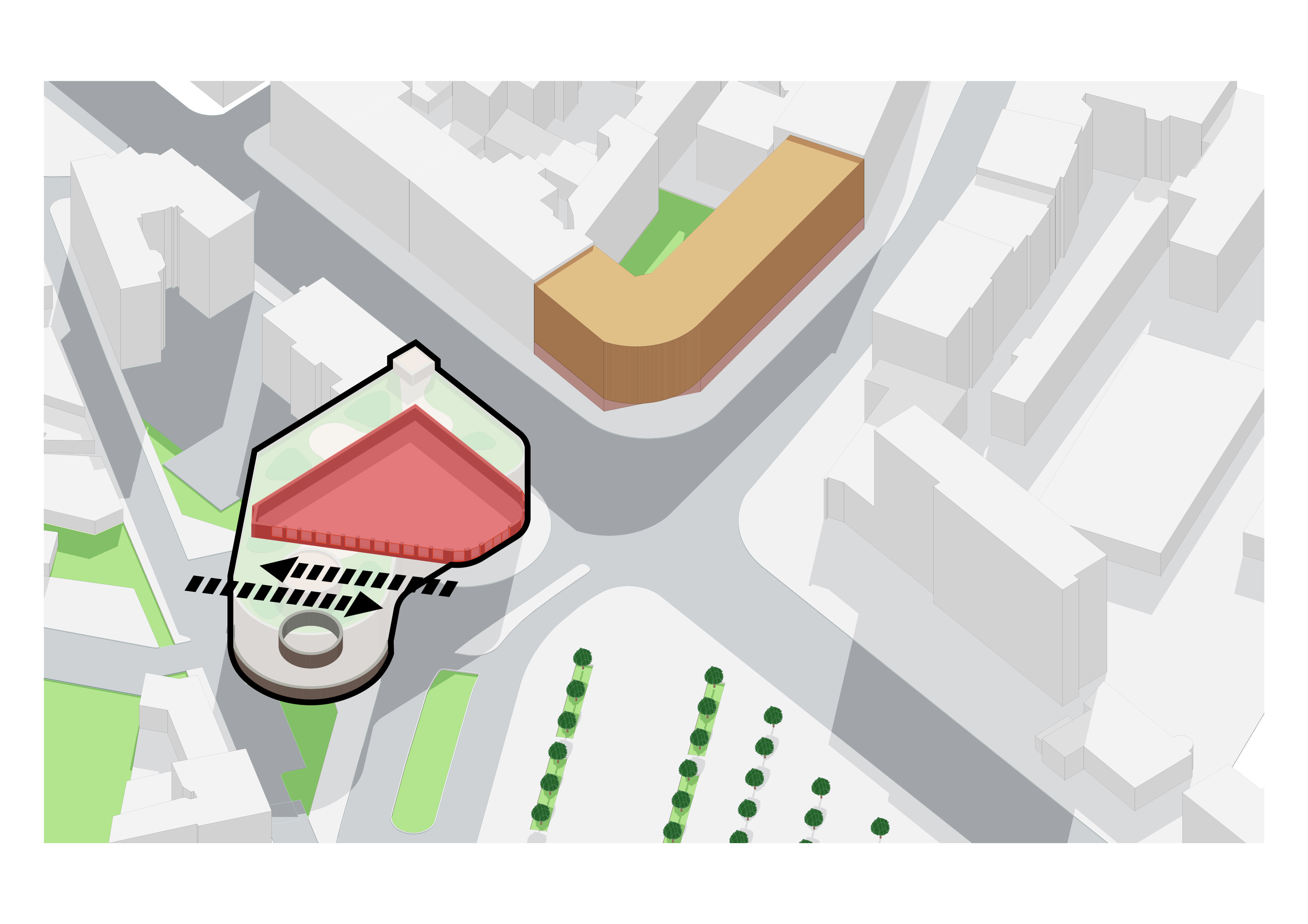 Ilustracja pokazująca parking i narożnik przy ul. Bohaterów Getta Warszawskiego