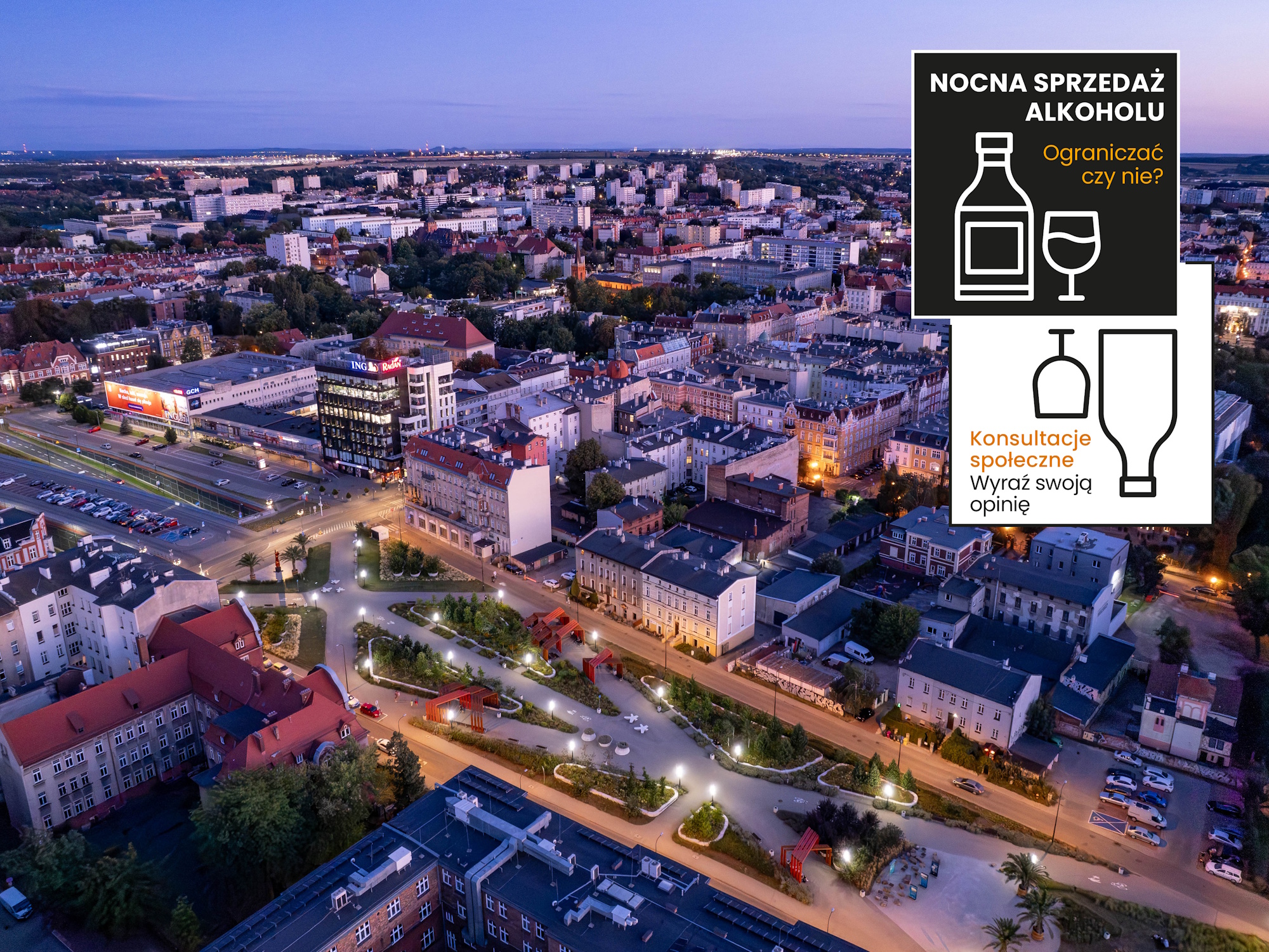 Gliwice nopcą z lotu ptak, z grafiką kileiszka