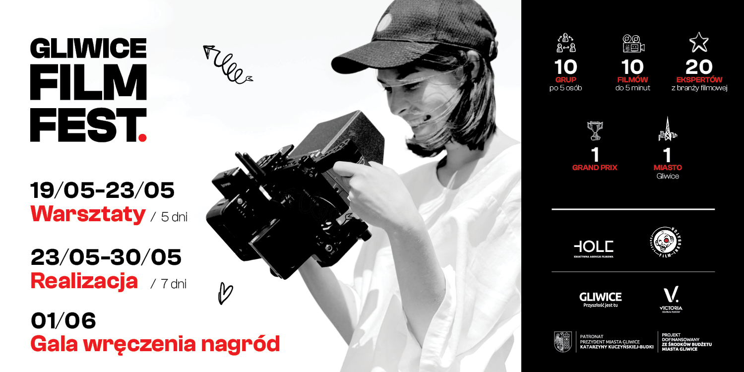 Baner ze zdjęciem kobiety z kamerą w rękach i informacjami o Gliwice Film Fest