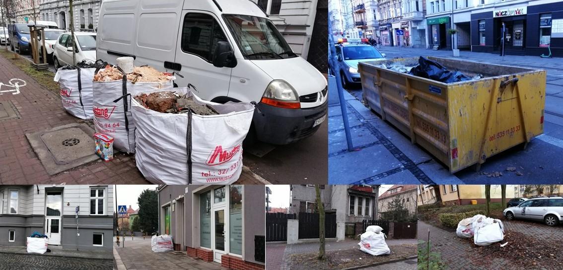 worki z gruzem i odpadami budowalnymi oraz kontener, które trafiają w strefę pasa drogowego w Gliwicach - przykładowe kadry 