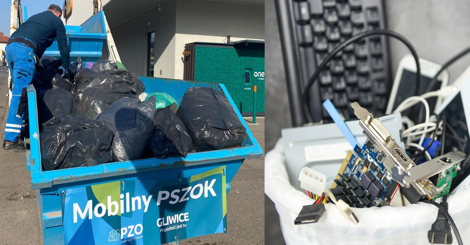 Zdjęcie kontenera z workami odpadów tekstylnych i koszyka z elektroodpadami: kablami, klawiaturą komputerową