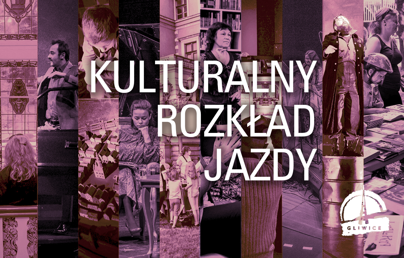 kolaż zdjęć z wydarzeń kulturalnych w fioletowych barwach z napisem Kulturalny rozkład jazdy